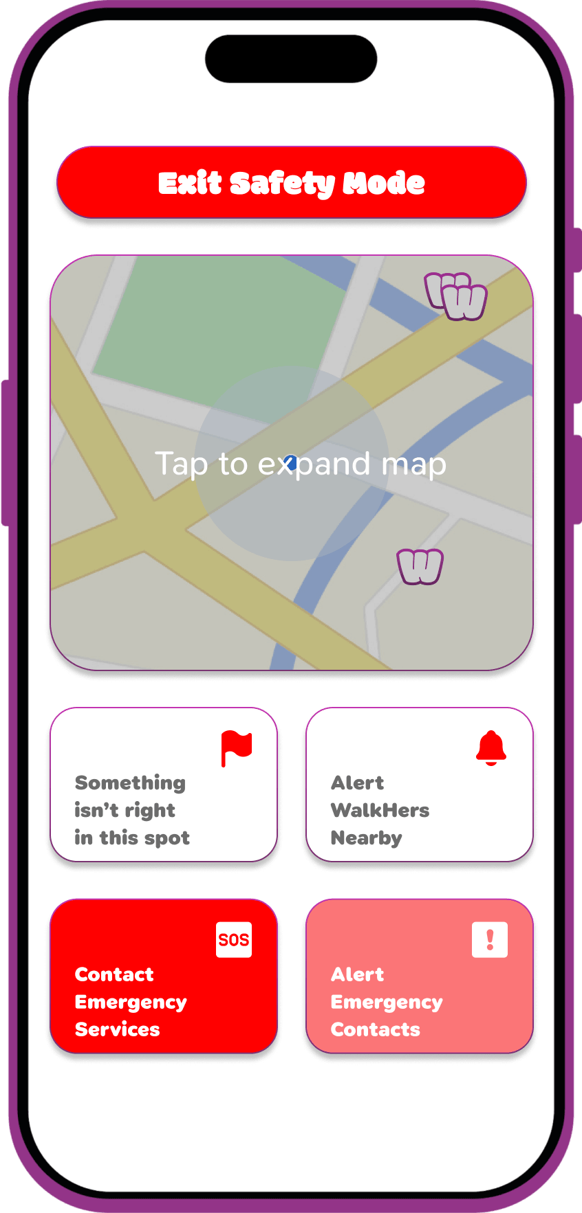 WalkHer Safety Mode screen
